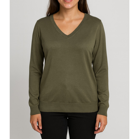 UNIQLO Women's 100% Wool Size Large Green V Neck Sweater Longsleeve Cap Ribbed - Picture 1 of 8